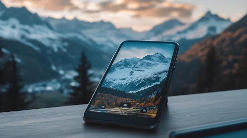 Phone Displaying Snowy Mountain Landscape