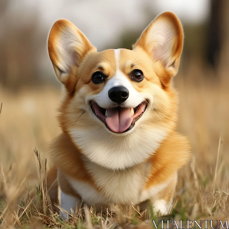 Cheerful Corgi Lying on Grass AI Image