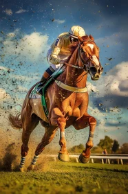 Intense Horse Racing Scene with Jockey in Motion