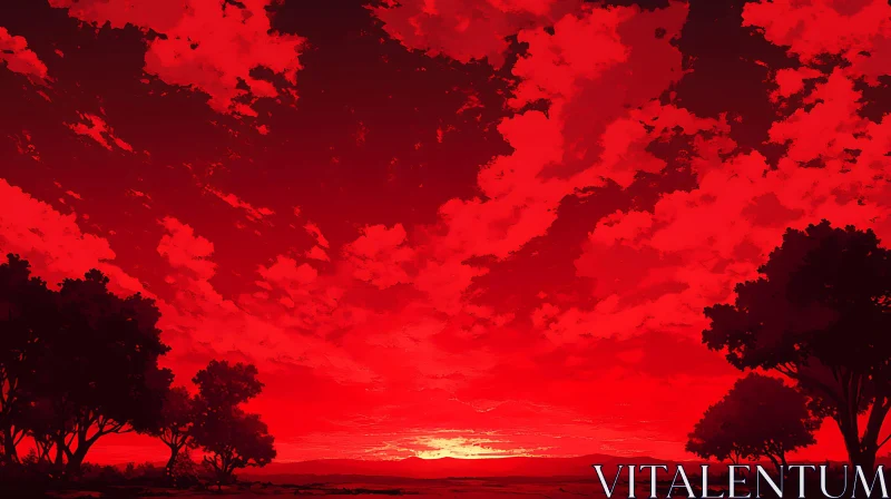 Dramatic Red Sunset with Trees AI Image