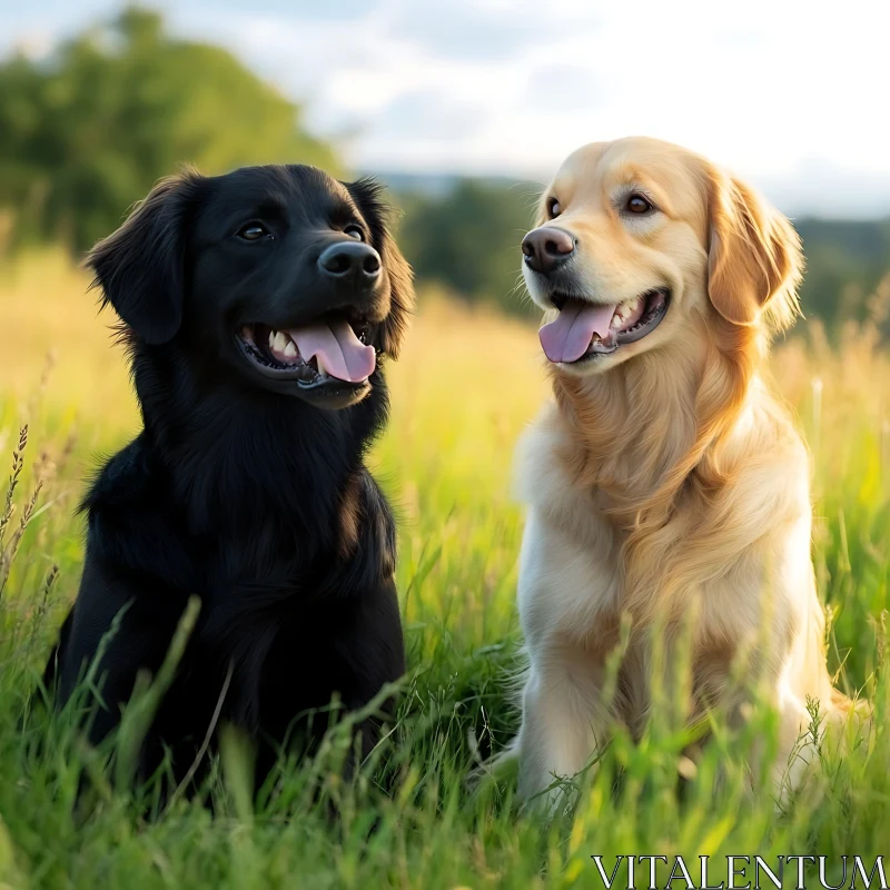 AI ART Happy Black and Golden Dogs in Green Grass