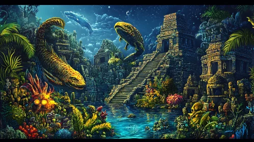 Surreal Temple Landscape with Floating Fish