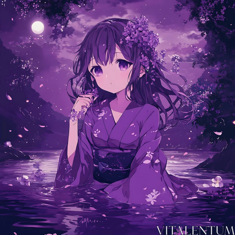 Serene Night with Anime Girl in Flowers AI Image