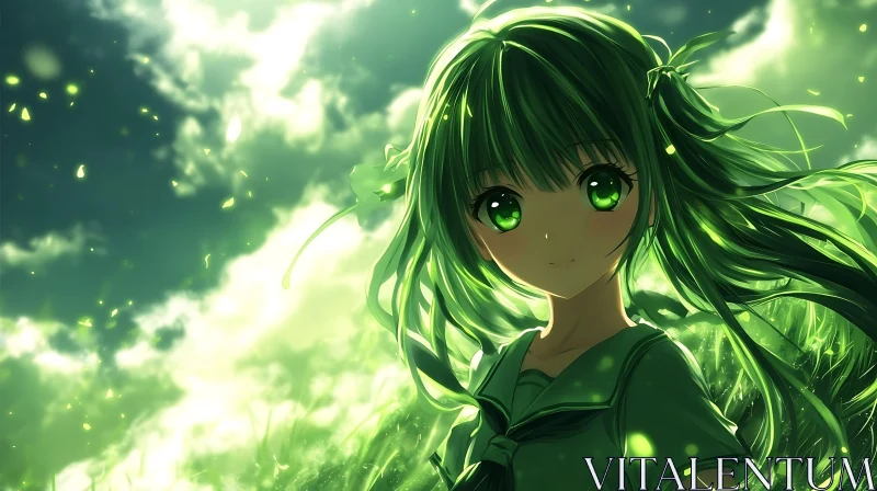 Green-Haired Anime Girl with Lush Background AI Image