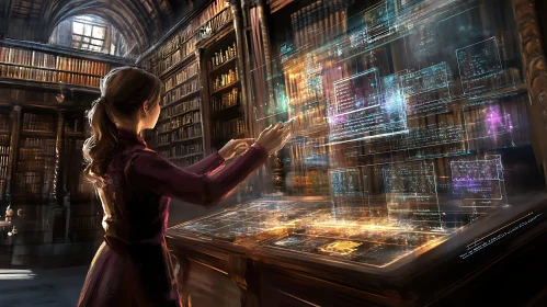 Woman Using Holographic Interface in Old Library