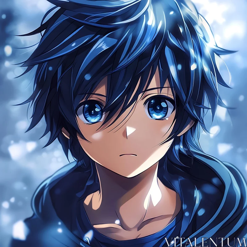 Anime Boy with Blue Eyes and Dark Hair AI Image