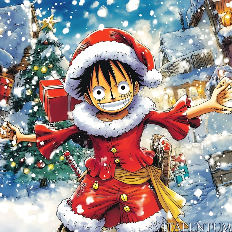 Joyful Anime Character Celebrating Christmas in Snow AI Image