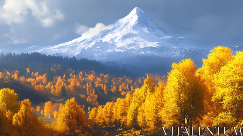 Snowy Peak Overlooking Autumnal Woods AI Image