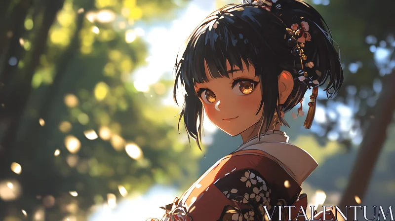 Sunlit Forest Anime Girl in Kimono AI Image