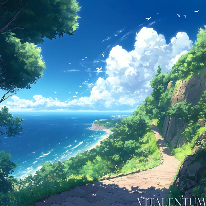 Scenic Coastal Path with Ocean Vista AI Image