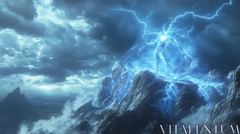 AI ART Blue Lightning Over Mountain Top