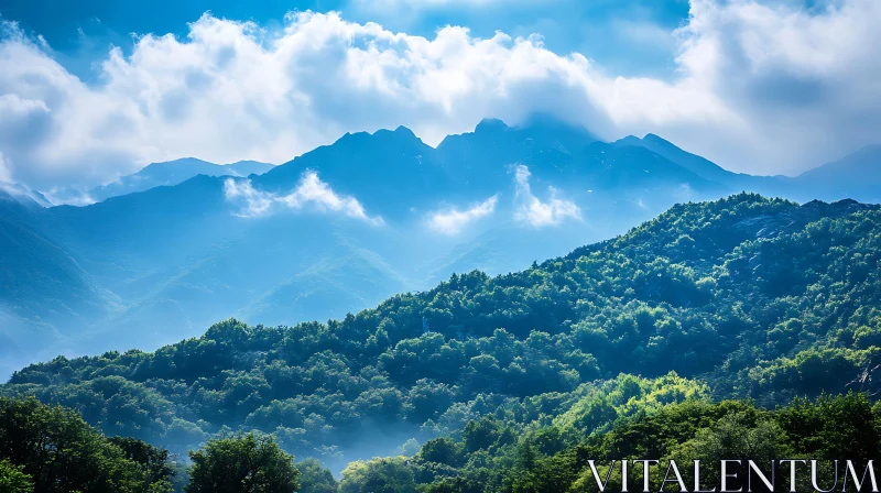 Misty Mountains and Forest View AI Image