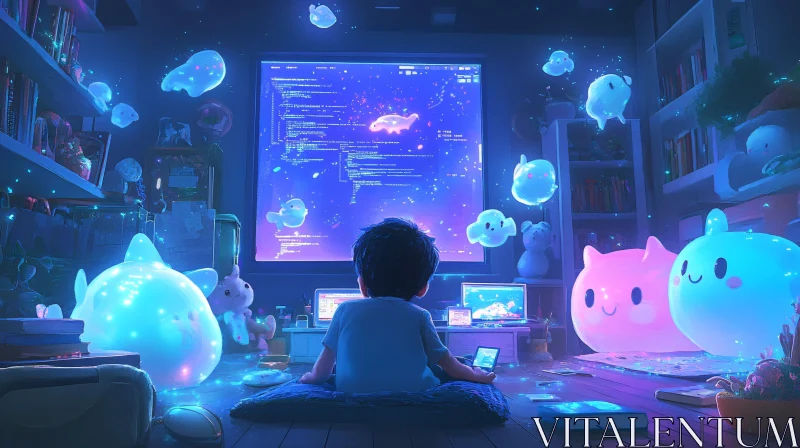 AI ART Boy Surrounded by Glowing Toys