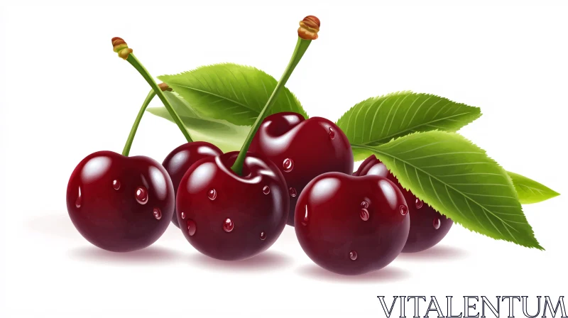 Fresh Cherries with Green Leaves AI Image