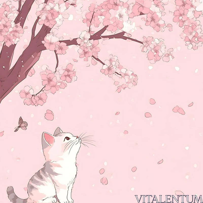 Tranquil Cat Among Cherry Blossoms AI Image