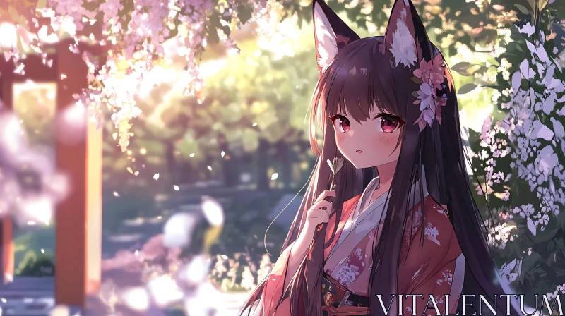 Fox Girl in Floral Kimono Amidst Spring Blossoms AI Image