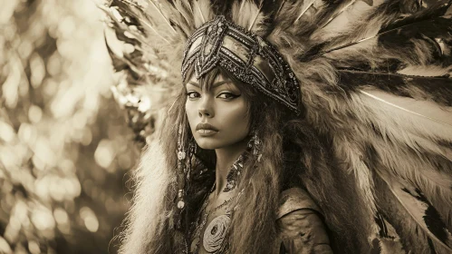 Tribal Elegance: Woman with Feather Headdress in Sepia