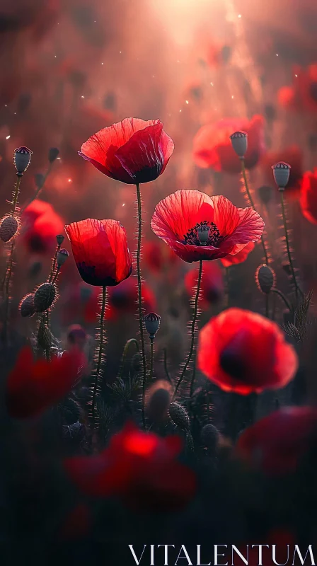 Glowing Poppies in Golden Sunlight AI Image