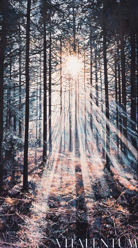 Sunlight Filtering Through Trees in the Forest AI Image