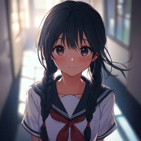 Anime School Girl with Braids in Gentle Light