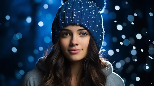 Captivating Artwork: Beautiful Woman in Blue Beanie with Ice Flakes