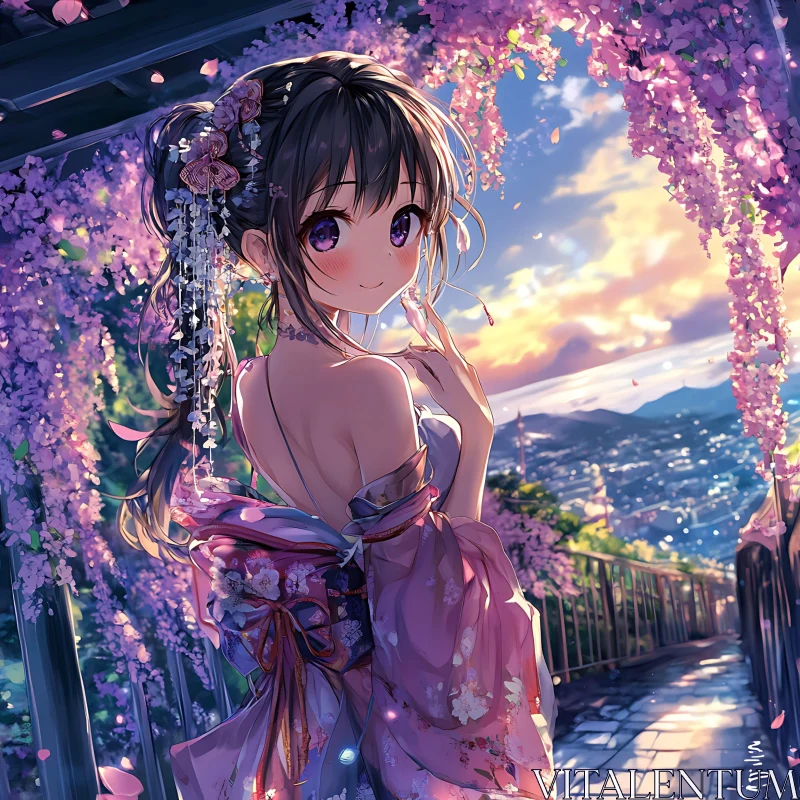 Anime Girl Amidst Wisteria and Scenic Sunset AI Image