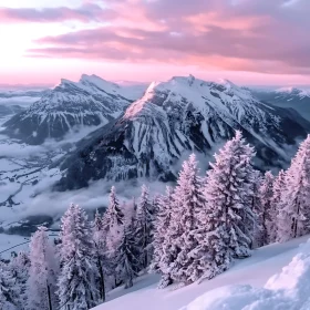 Winter Mountain Scene with Pink Hues