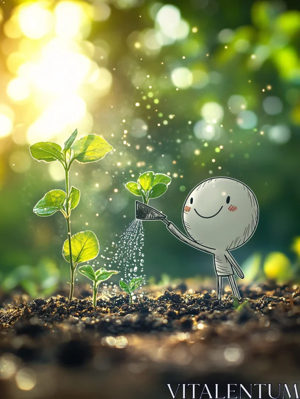 AI ART Whimsical Character Watering Plants in Sunlit Garden