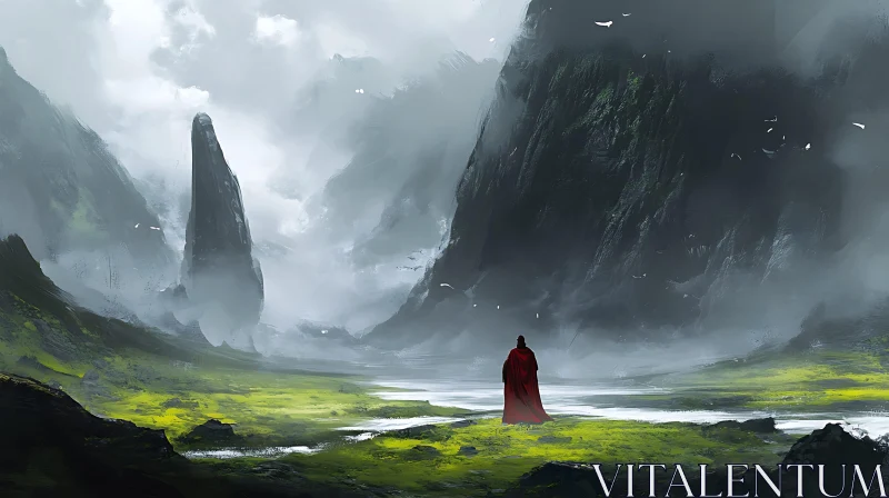 Red Cloak in Misty Mountains AI Image