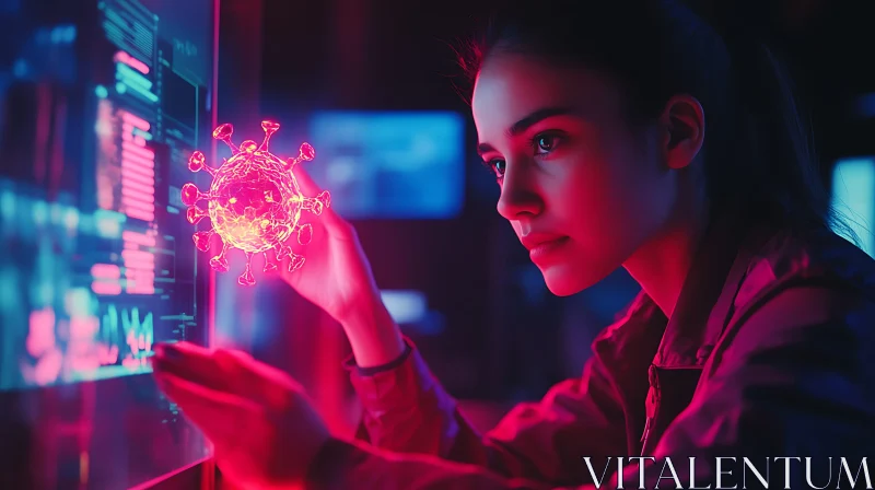 AI ART Woman Analyzing Glowing Virus Model