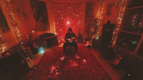 Cozy Musician in Red Lit Room