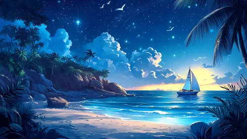 Night Seascape with Sailboat