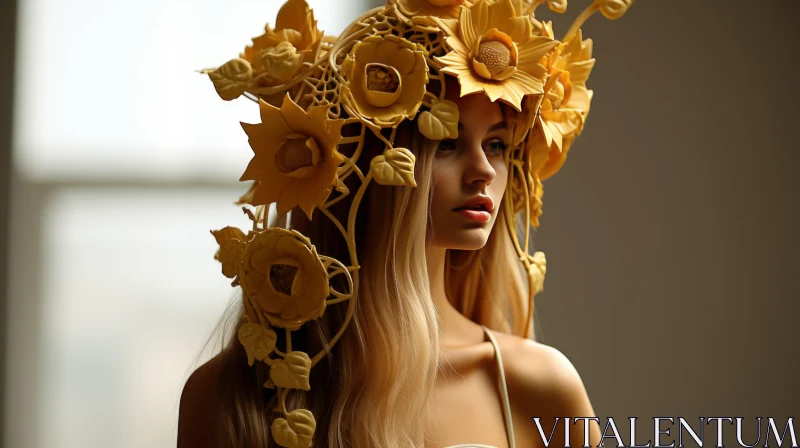 Enchanting Doll with Yellow Flower Headdress in Art Nouveau Style AI Image