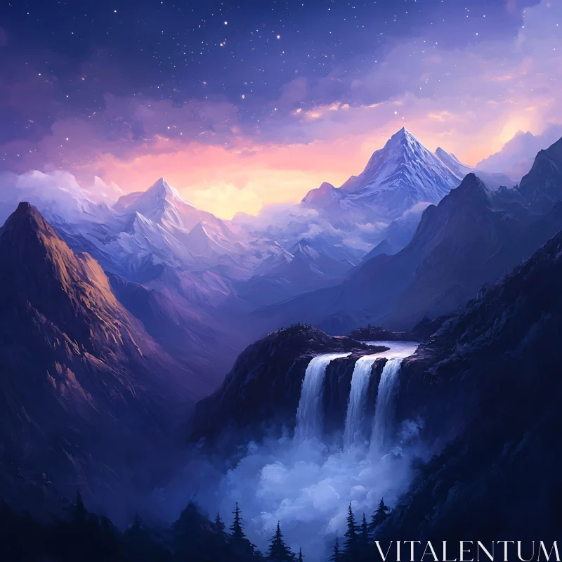 AI ART Serene Waterfall Landscape at Twilight