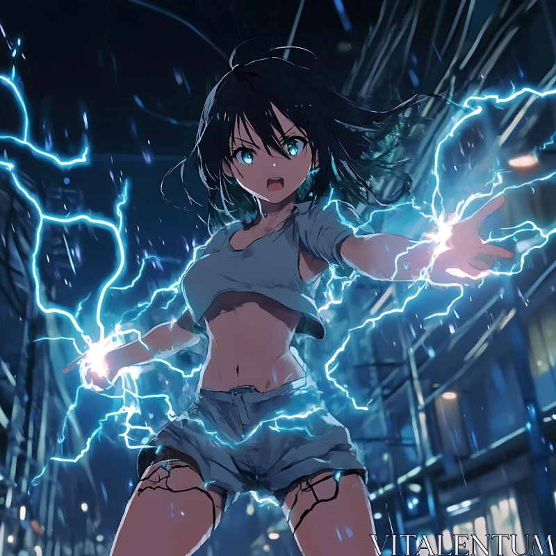 Powerful Anime Girl Commands Lightning AI Image