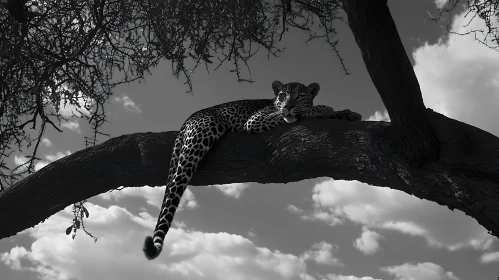 Monochrome Leopard on a Tree Branch