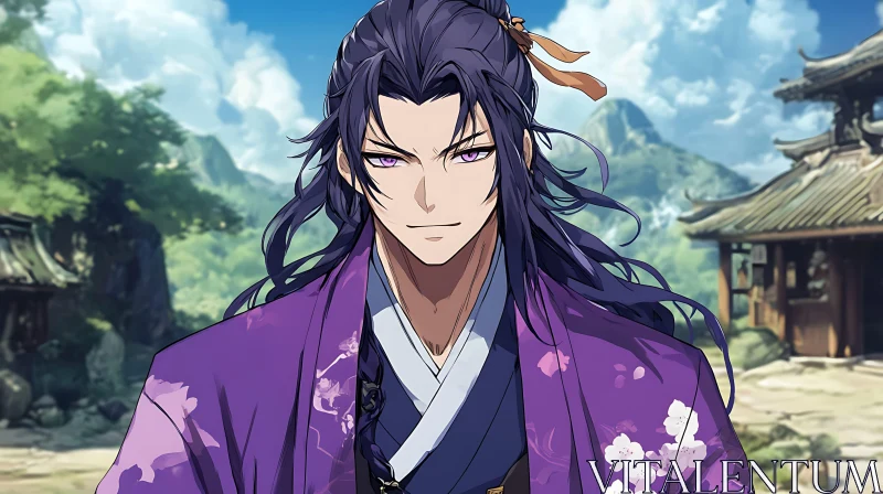 Traditional Anime Character with Purple Hair and Robe AI Image