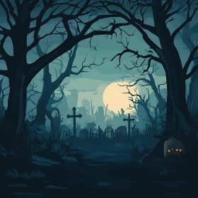 Moonlit Graveyard Halloween Night Scene