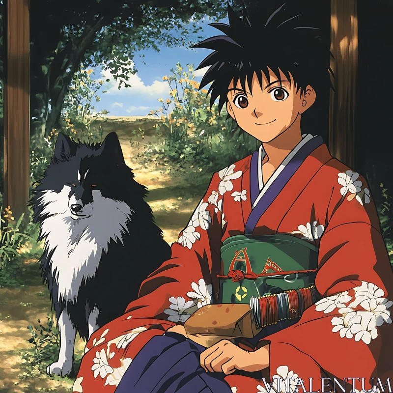 Forest Scene with Anime Character in Kimono and Dog AI Image