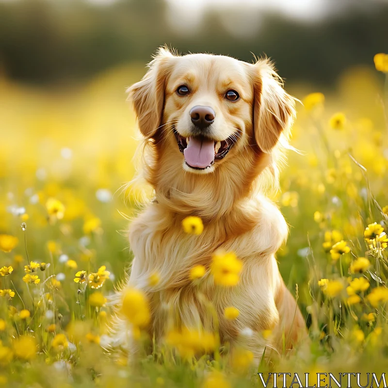 Joyful Golden Retriever with Yellow Flowers Background AI Image