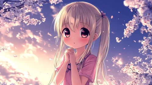 Cute Anime Girl in Pink Dress with Cherry Blossoms