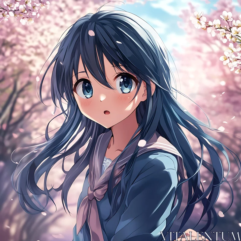 Blue-Haired Anime Girl in Spring AI Image