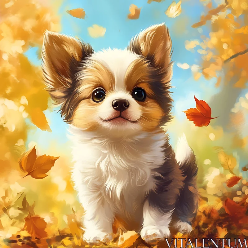 AI ART Charming Puppy in Autumn Scenery - Cute Illustration