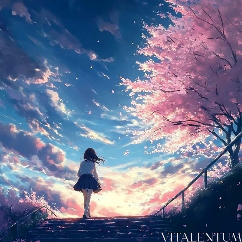 Cherry Blossoms and Sunset: Anime Art AI Image