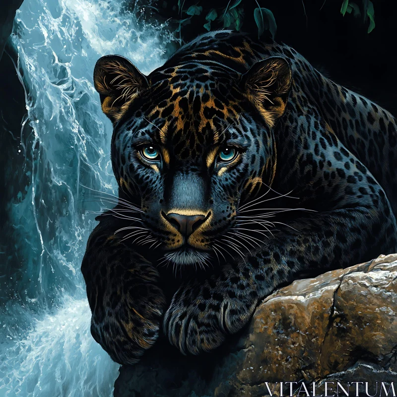 Panther Portrait Near Waterfall AI Image