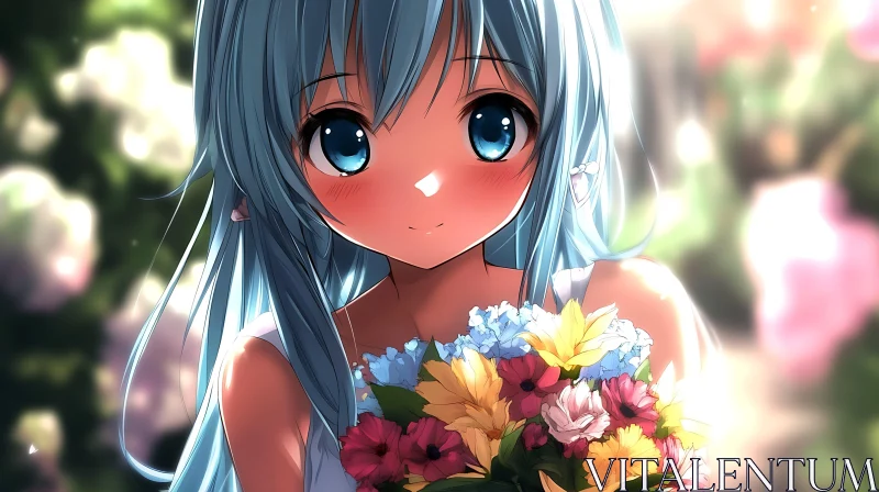 Blue-haired Anime Girl with Flowers AI Image