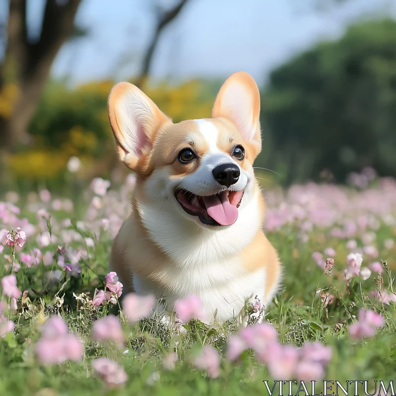 AI ART Happy Corgi Surrounded by Blossoms