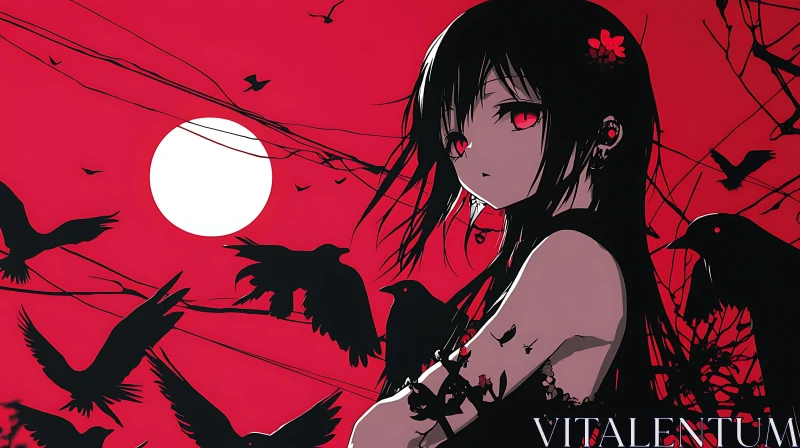 Dark Anime Girl with Red Eyes and Moonlit Ravens AI Image