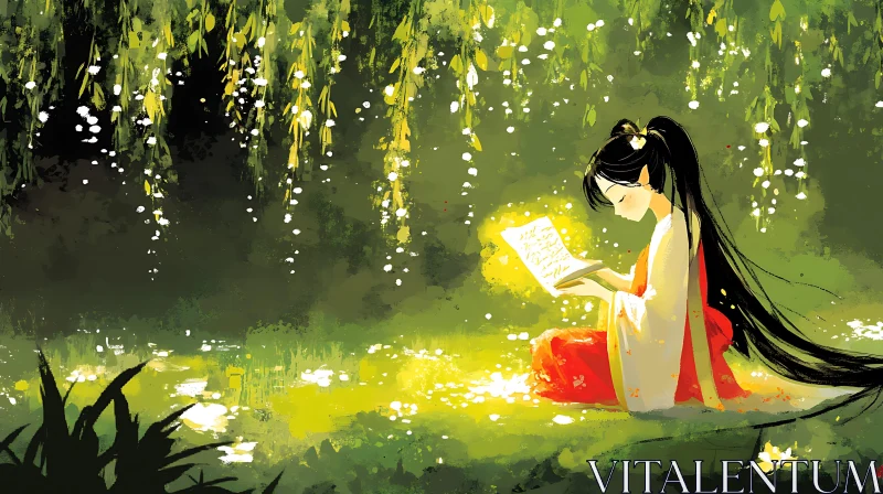 Tranquil Anime Reading in Enchanted Forest AI Image