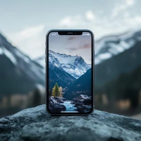 Phone Displaying Mountainous Landscape